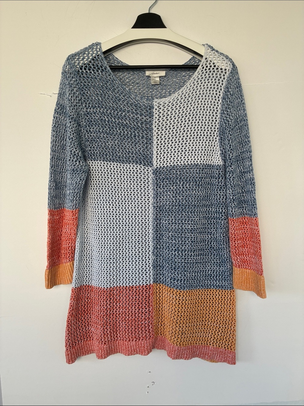 CJ Banks Open-Knit Colorblock Long Sleeve Tunic Top Cotton Sweater 1X